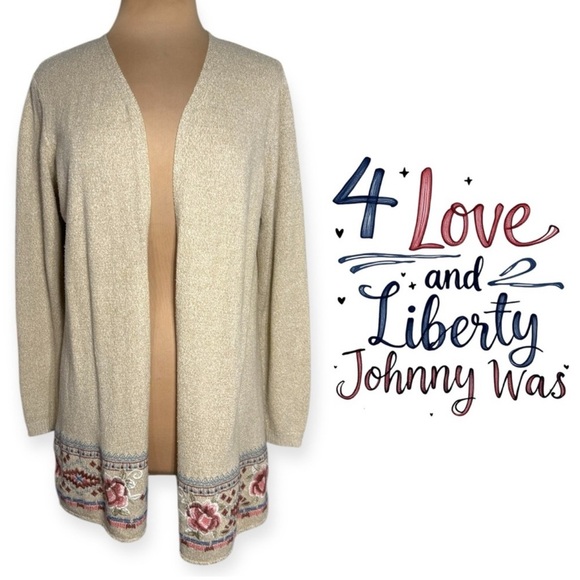 Johnny Was neutral beige open front cardigan with pink mauve floral embroidery - Picture 1 of 6